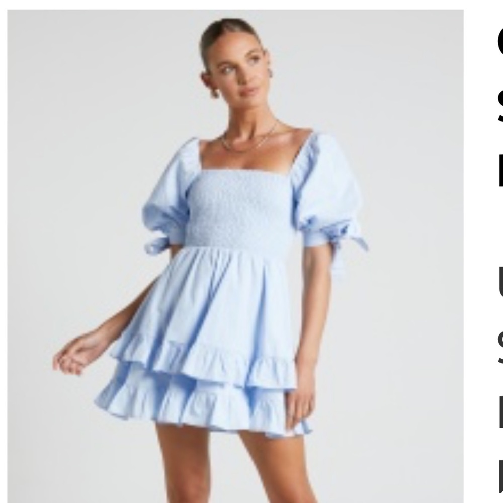 Showpo Chelle Shirred Short Tie Sleeve Mini Dress in Blue. Size 0(XXS)